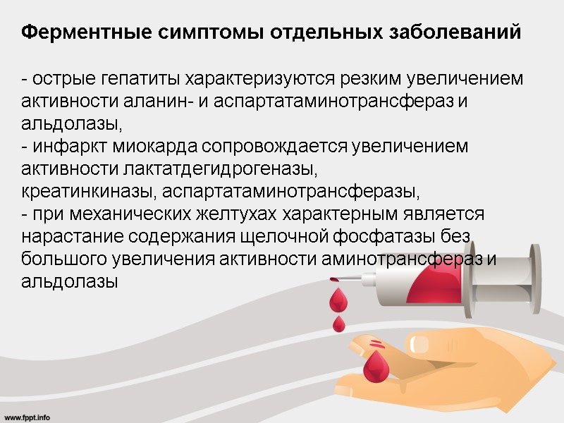 Ферментные симптомы отдельных заболеваний  - острые гепатиты характеризуются резким увеличением активности аланин- и